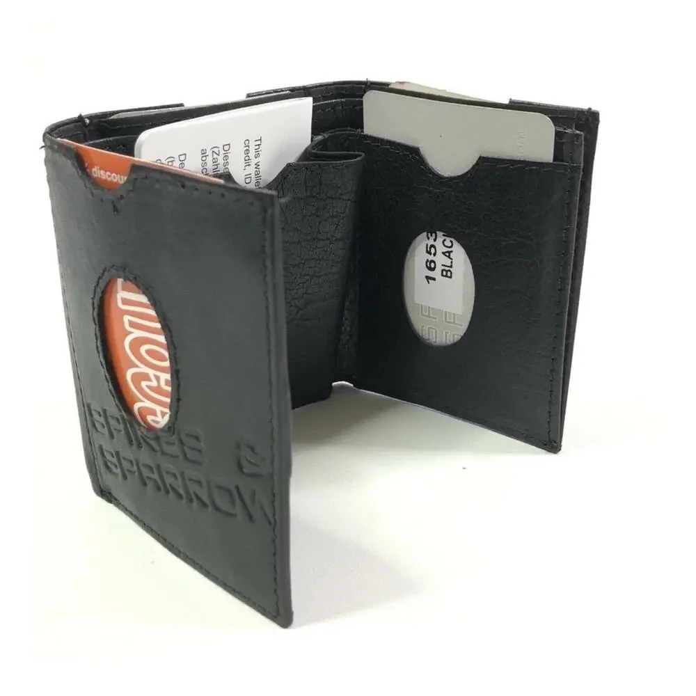 Spikes and Sparrow Austin Black Leather Wallet Trifold Snap RFID Protection New